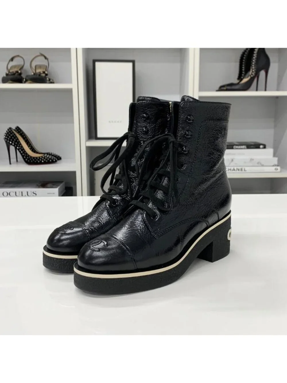 Chanel CC Logo Leather Lace Up Short Boots Black